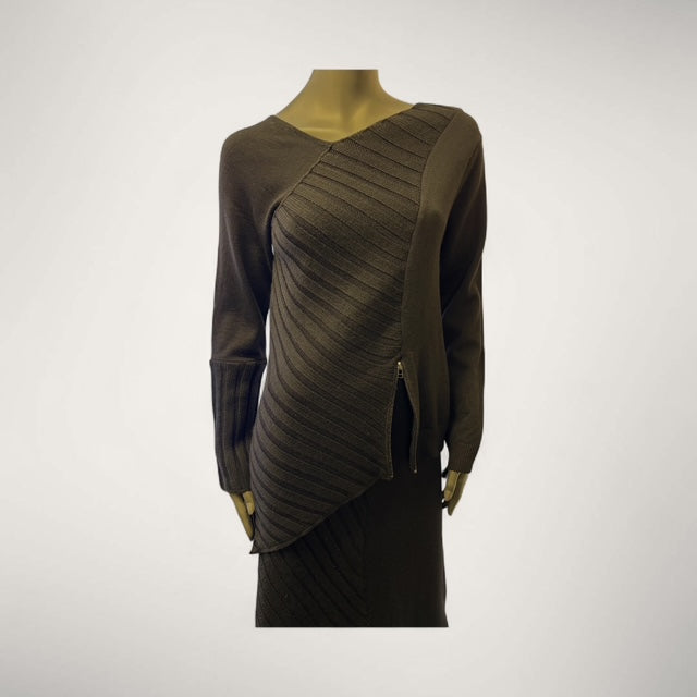 Women's Asymmetric Half-Ribbed Knit Sweater with Side Zip style Book 21 - Extravagance Fashion 
