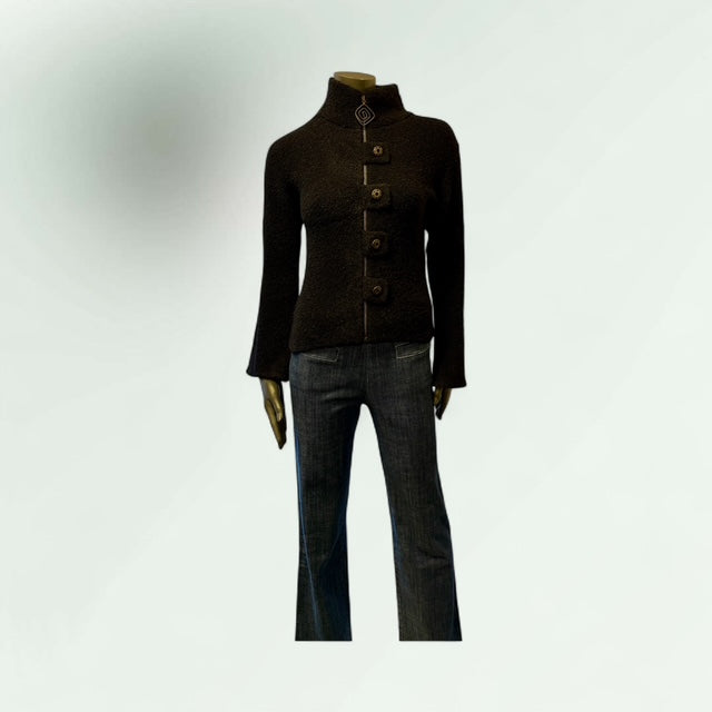 Black Textured Button-Up Cardigan with High Collar Ougarit -Lunatisme - Extravagance Fashion 