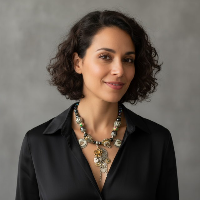 Model wearing Necklace with Various Shaped Stones and Charms 