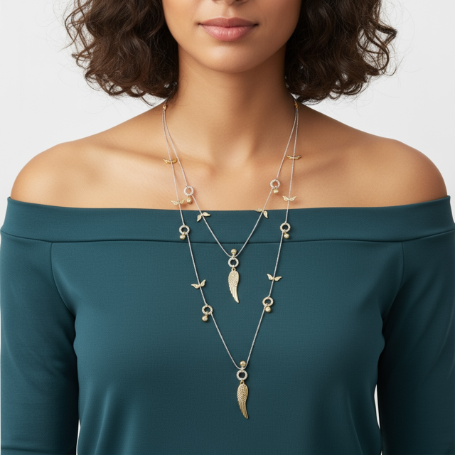 Model wearing the Long Layered Silver Necklace Enhanced with Shiny Stones