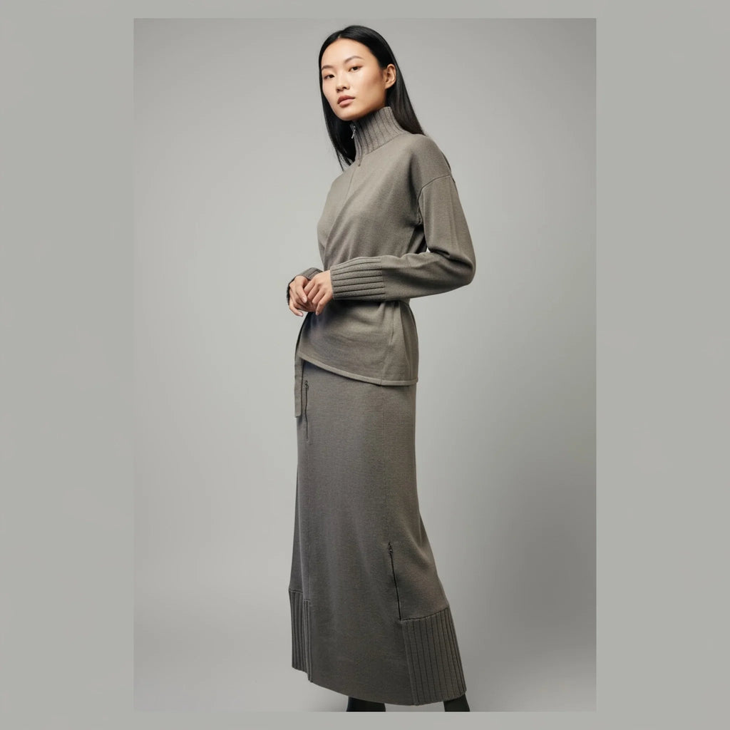 LONG KNITTED PULL UP SKIRT WITH ZIP AND RIB DETAIL Style No. Box 10 - Extravagance Fashion 