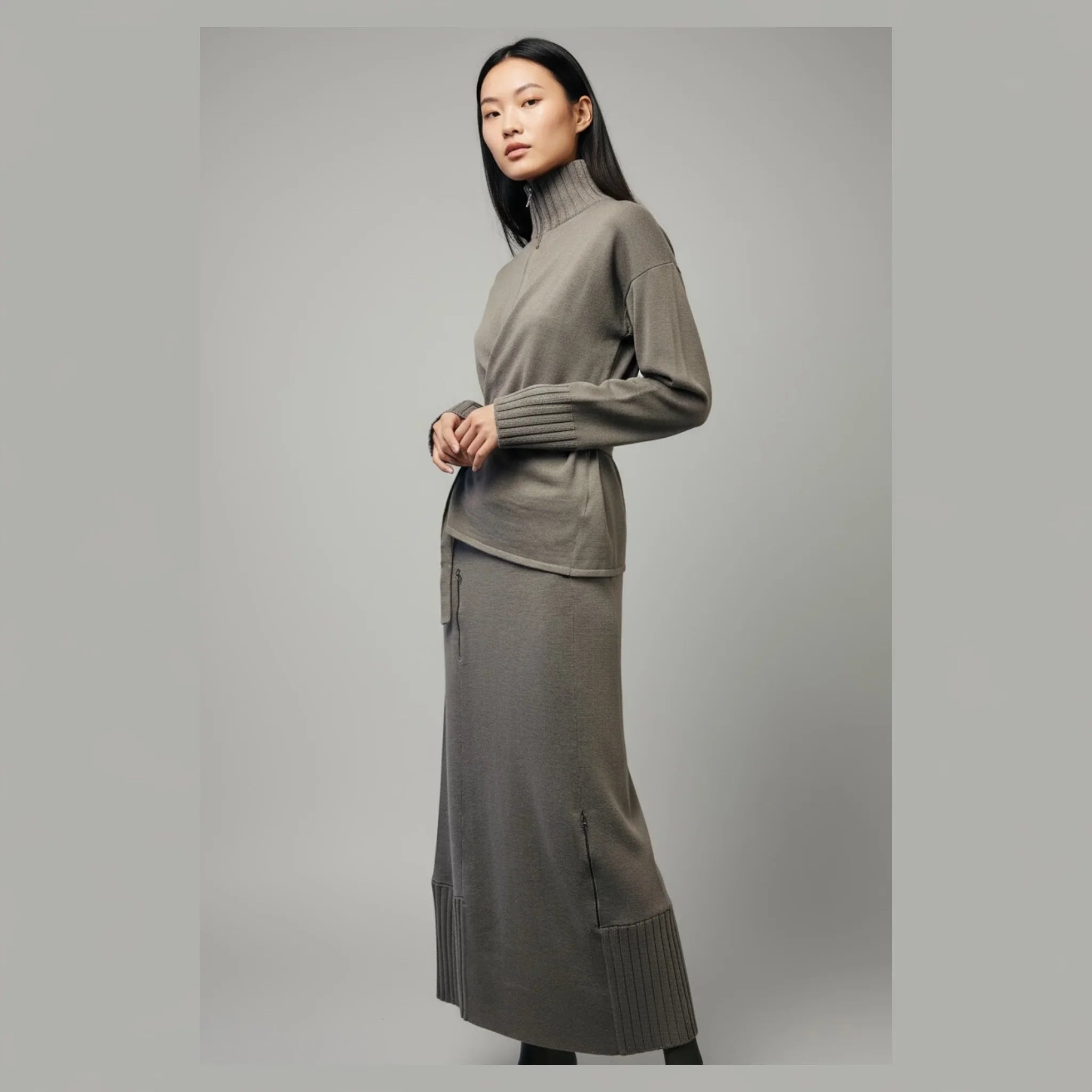 LONG KNITTED PULL UP SKIRT WITH ZIP AND RIB DETAIL Style No. Box 10 - Extravagance Fashion 