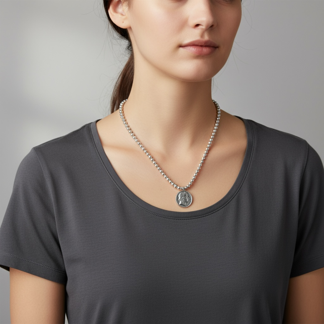 Model wearing the Silver Metal Beaded Pendant with Coin Charm - Convertible Bracelet