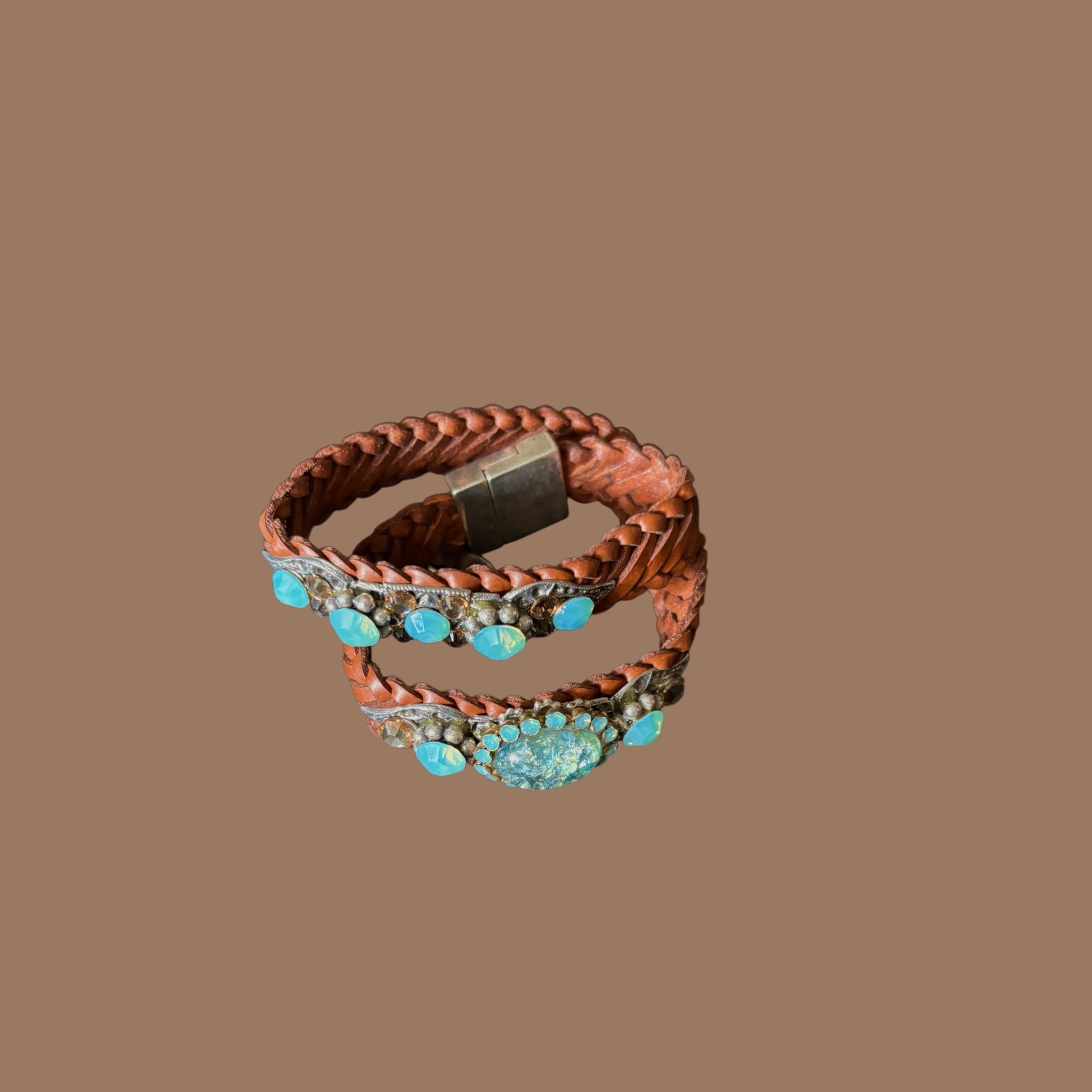 Wrap around Leather Bracelet with Coloured stone and rhinestones with magnetic clasp - Extravagance Fashion 
