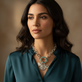 Model wearing Metal Chain Necklace with Aqua stone and Coin Charm