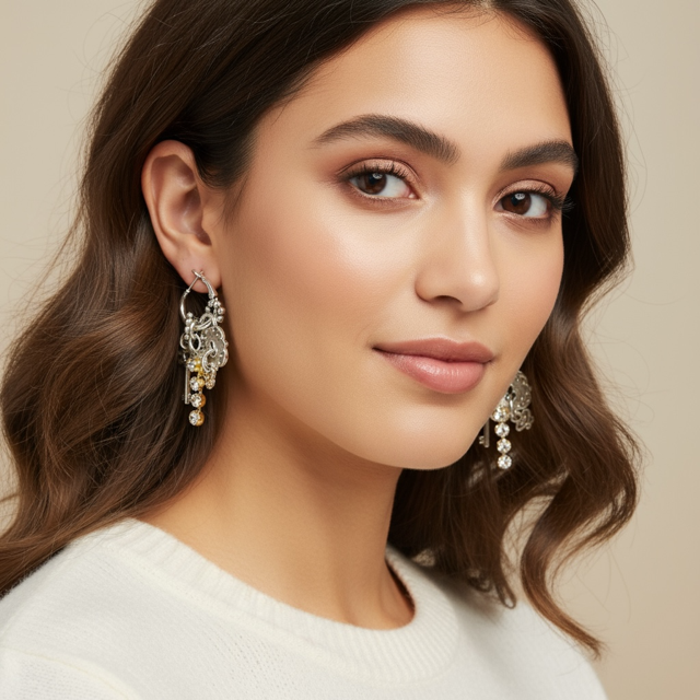 Model wearing Dangly Earring with Selected Charms and Rhinestone