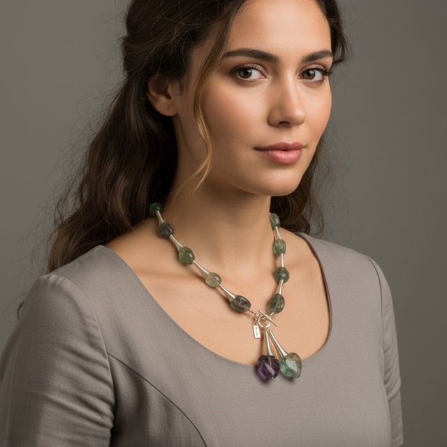 Twisted Corn Metal Necklace with Green and Purple Beads