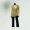 model wearing the Sarah Pacini knit gilet with ART jeans and Sarah pacini mesh top
