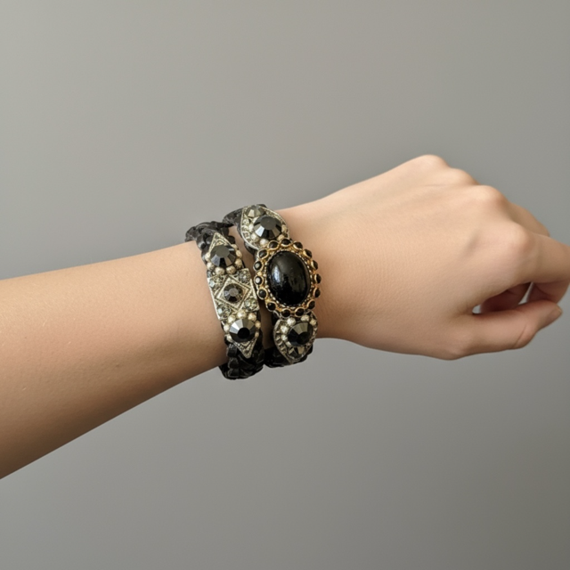Wrap around Leather Bracelet with Coloured stone and rhinestones with magnetic clasp - Extravagance Fashion 