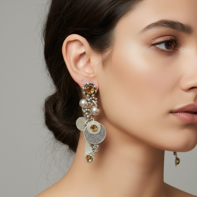 Model wearing Dangling Pierced Earrings with brown Rhinestones & Charms