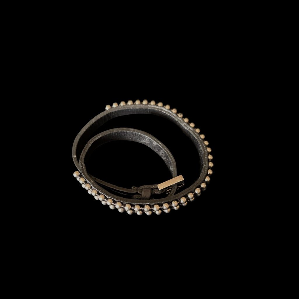 Wrap Around Leather Bracelet with Metal Beading and Adjustable Strap