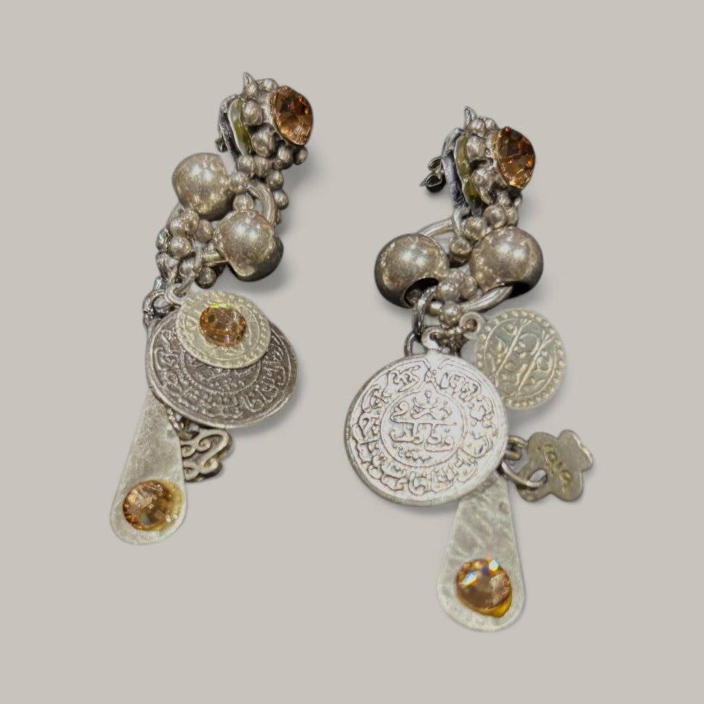 Dangling Pierced Earrings with brown Rhinestones & Charms