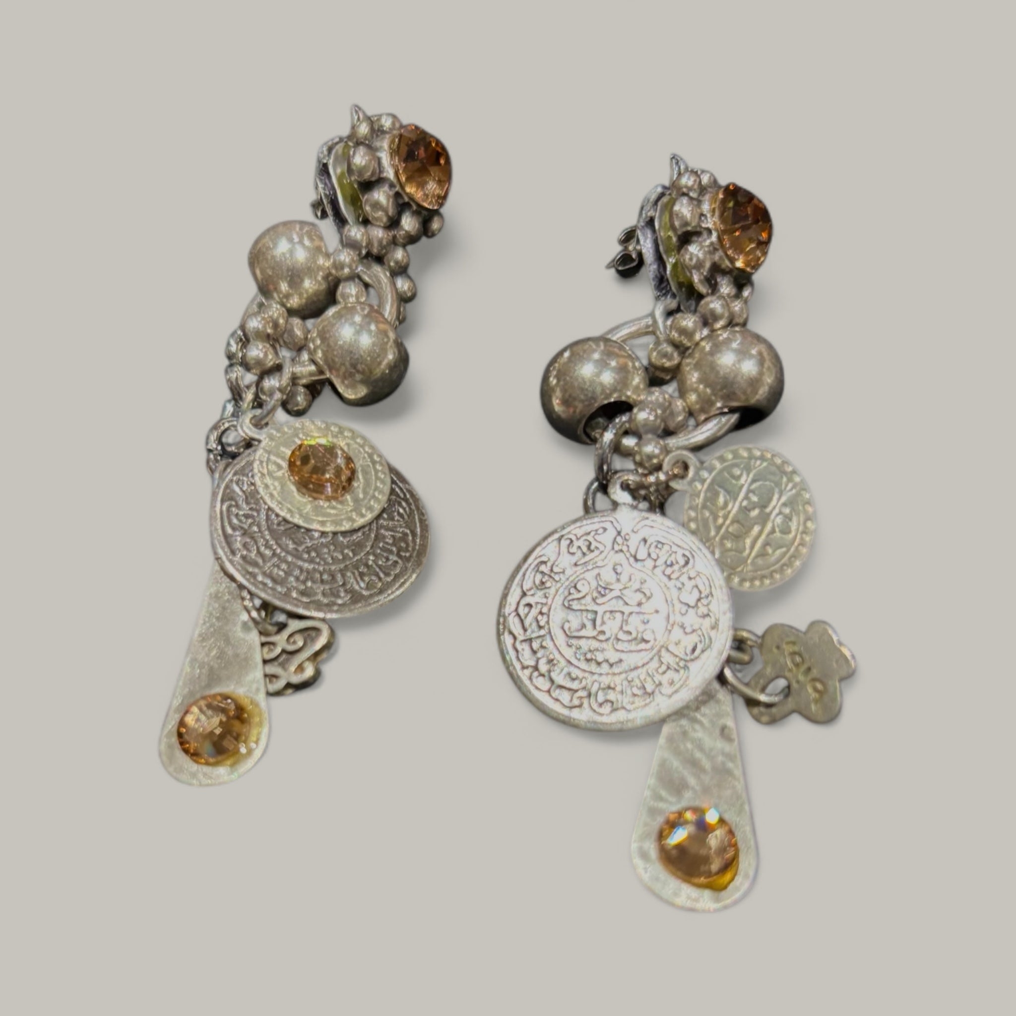 Dangling Pierced Earrings with brown Rhinestones & Charms