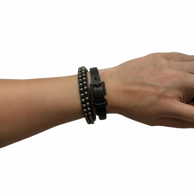 Showing Wrap Around Leather Bracelet with Metal Beading and Adjustable Strap