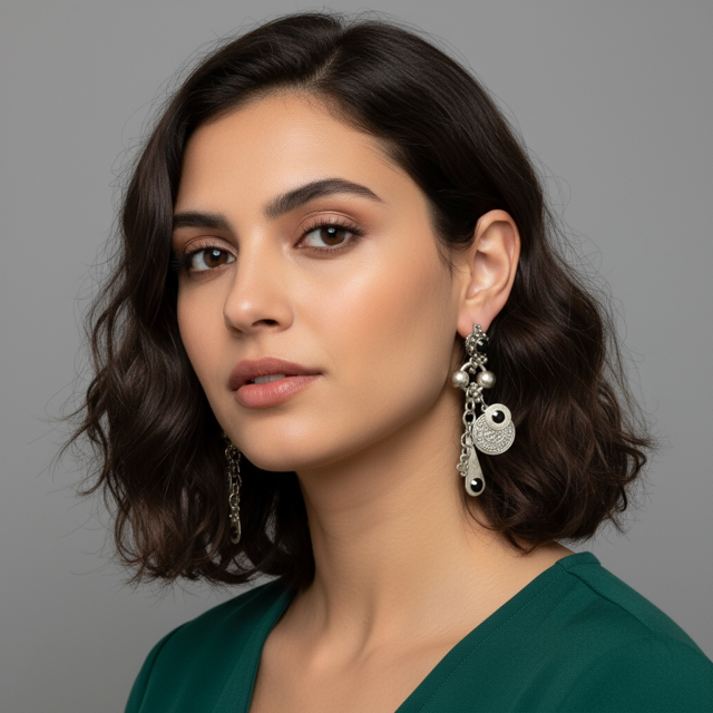 Model wearing Dangling Pierced Earrings with Rhinestones & Charms