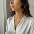 Model wearing Silver Beaded Pendant with Heart Shaped Charm