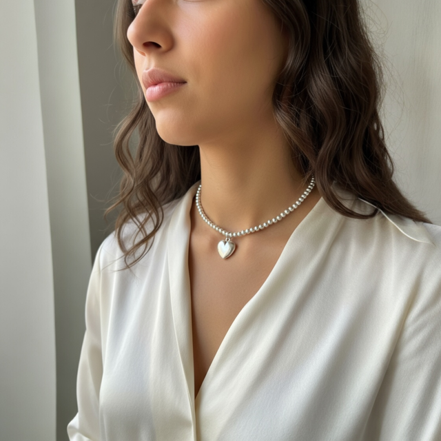 Model wearing Silver Beaded Pendant with Heart Shaped Charm