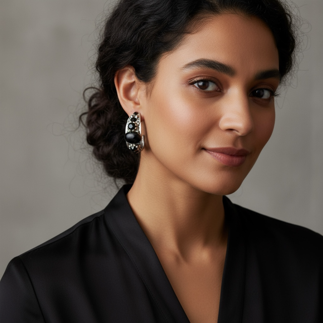 Model wearing Beautiful half hoop pierced earrings with vibrant Black stones