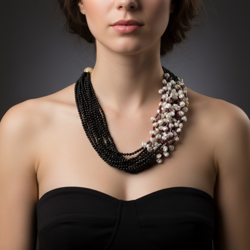 Model wearing Freshwater Pearls and elegant multi strand   Black Beads Necklace 
