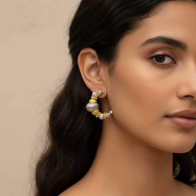 Model wearing Silver & Gold Half Hoop Pierced Earrings - Vintage Jewellery