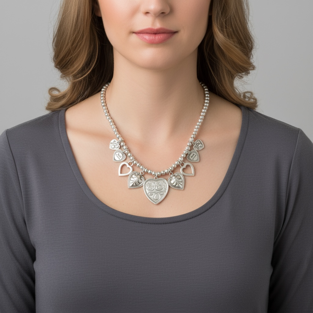Model wearing Silver Pendant with Selected Heart Charms