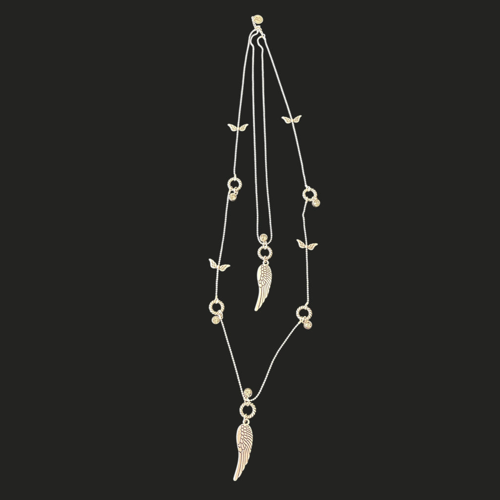 Long Layered Silver Necklace Enhanced with Shiny Stones