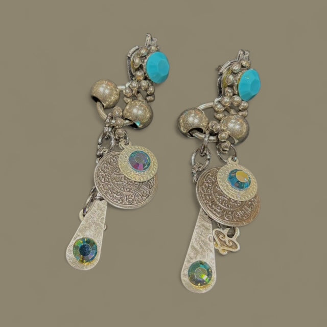 Dangling Pierced Earrings with Blue Rhinestones & Charms