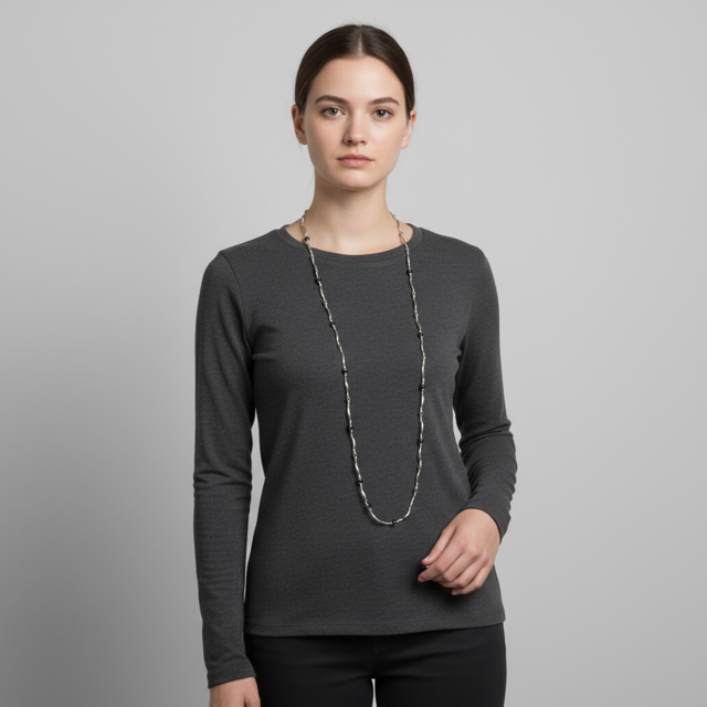 Model  wearing Long Twisted Metal Chain with Black Beads