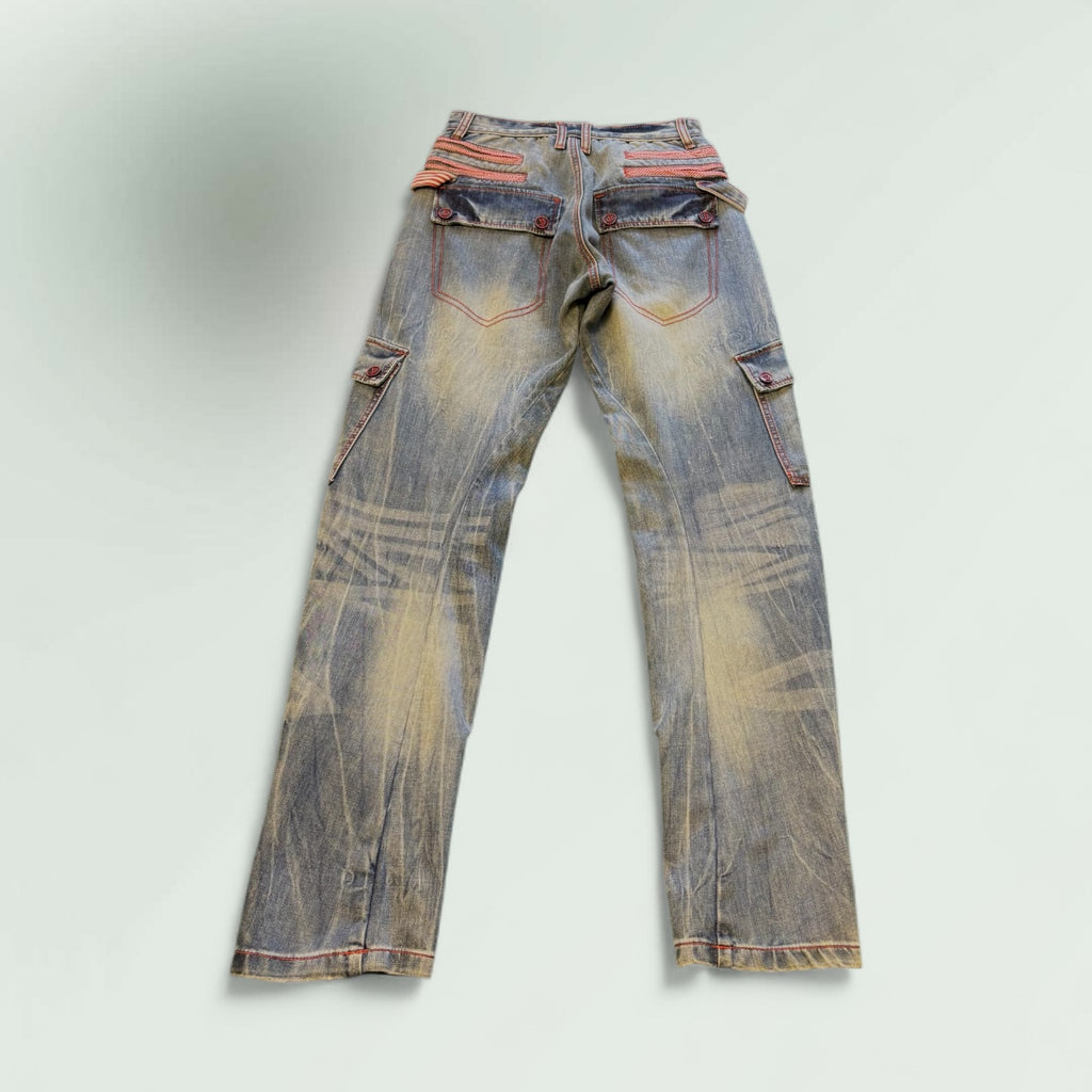 Women's Low-Rise Cargo Jeans with Contrast Stitching – Vintage Wash Style No.H069 - Extravagance Fashion 