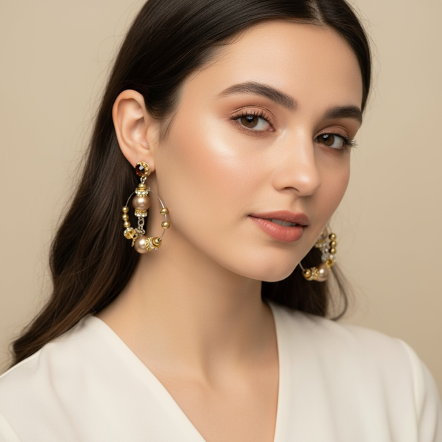 Model wearing the Dangly Hoop Earrings with Coloured Beads - Vibrant Jewellery 