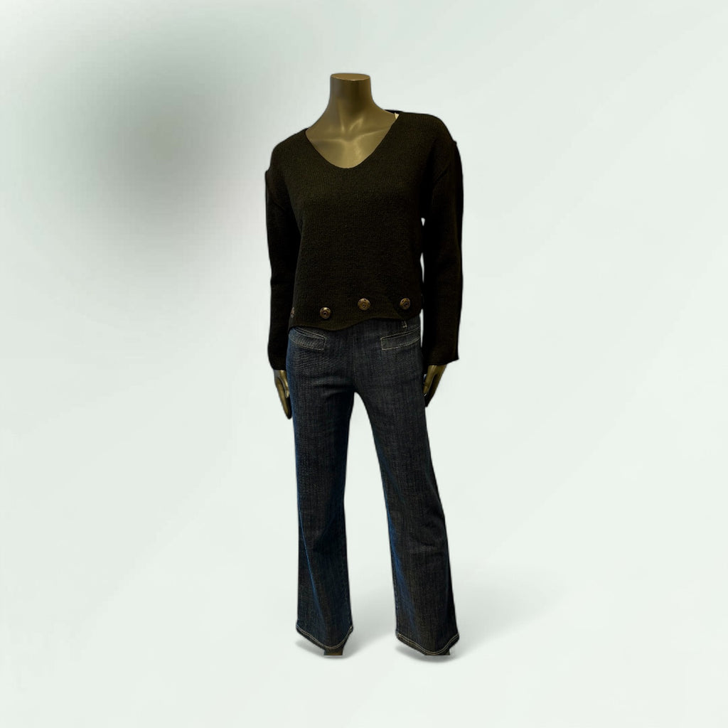 Black V-Neck Knit Sweater with Button Detail-Romulan- Lunatisme - Extravagance Fashion 