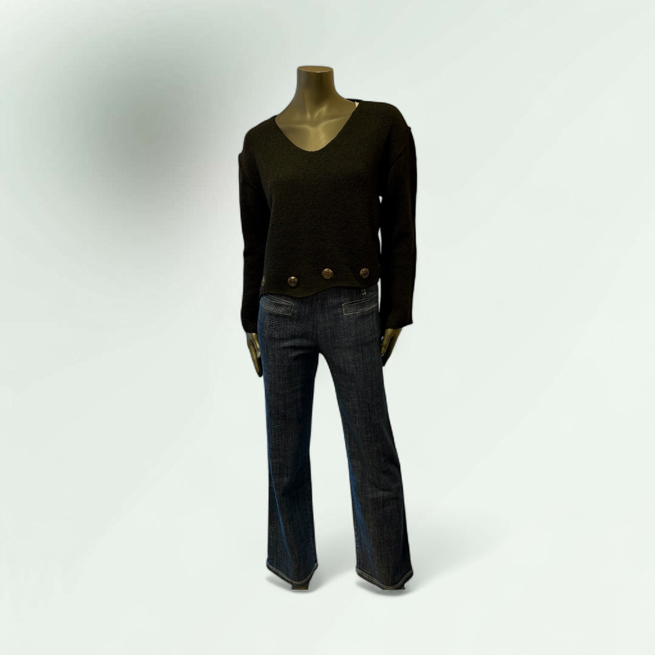 Black V-Neck Knit Sweater with Button Detail-Romulan- Lunatisme - Extravagance Fashion 
