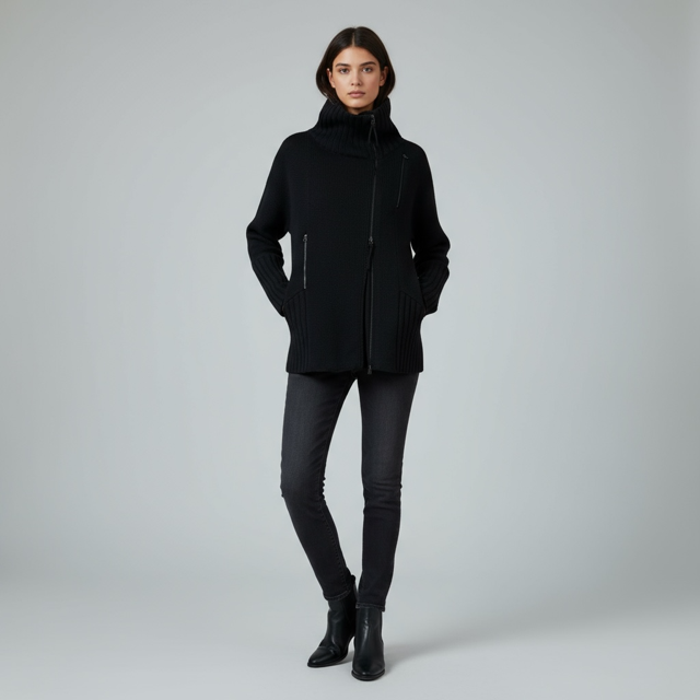 Women's Ribbed Funnel Neck Zip Cardigan – - Extravagance Fashion 