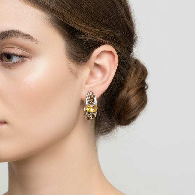 Model  wearing Beautiful half hoop pierced earrings with vibrant coloured stones