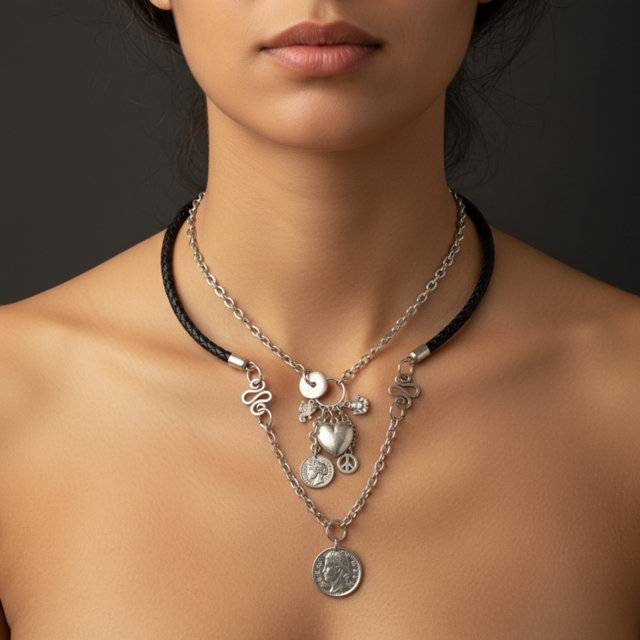 Model wearing Two Layered Necklace - Rope Leather String and Silver Chain with Charms