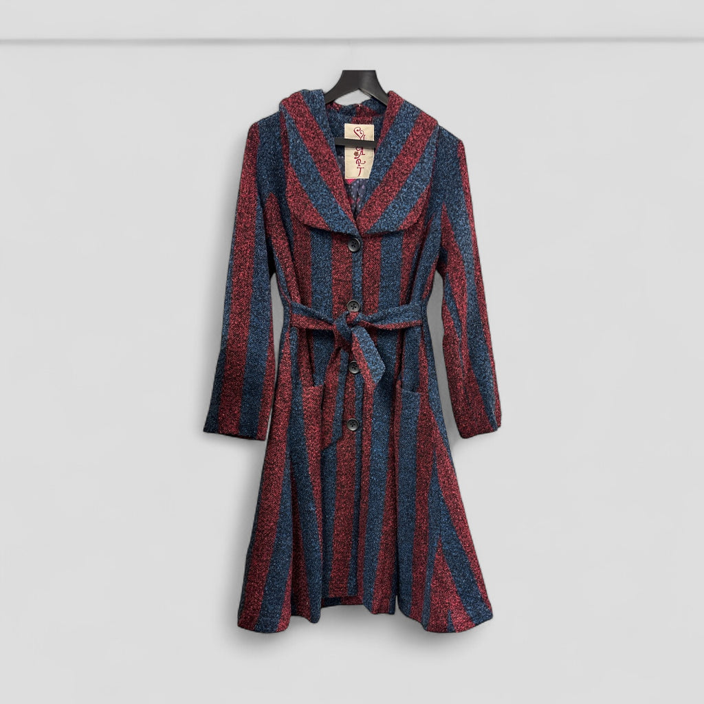 Coat featuring Bold Vertical Stripes in deep red and Navy Blue STYLE NO.HE027 - Extravagance Fashion 