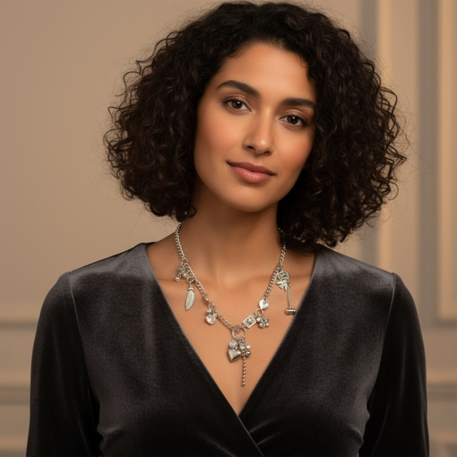 Model wearing  the Silver Chain Necklace Featuring Unique Assorted Charms