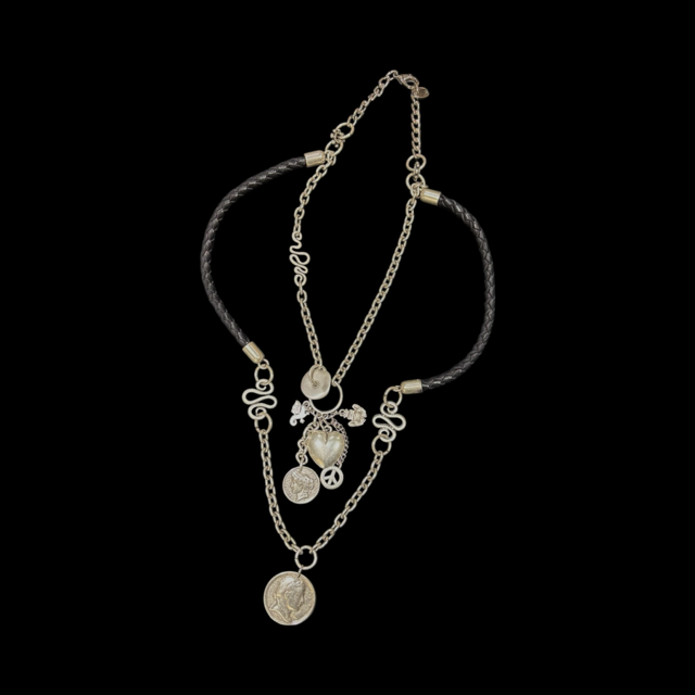 Two Layered Necklace - Rope Leather String and Silver Chain with Charms