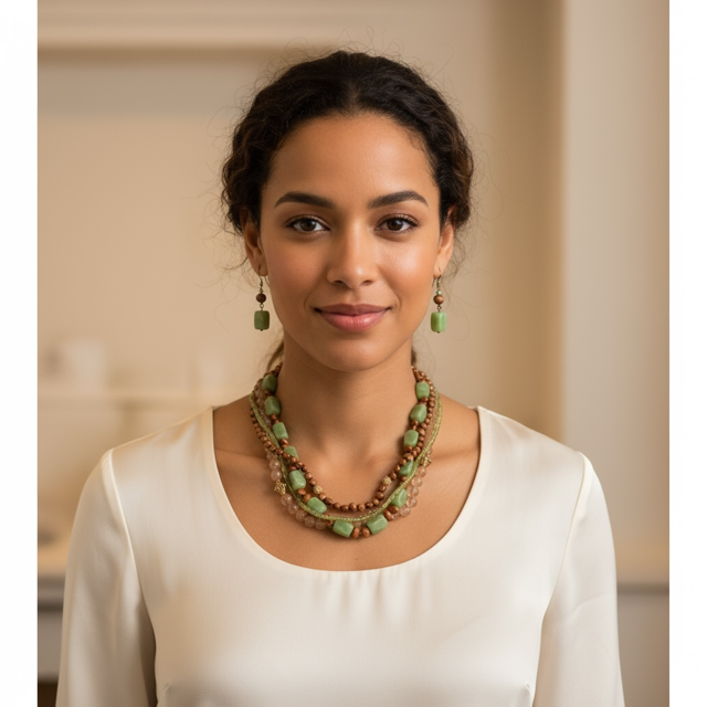 Model wearing Elegant Necklace and Earrings Set - Green Stones and Gold Beads