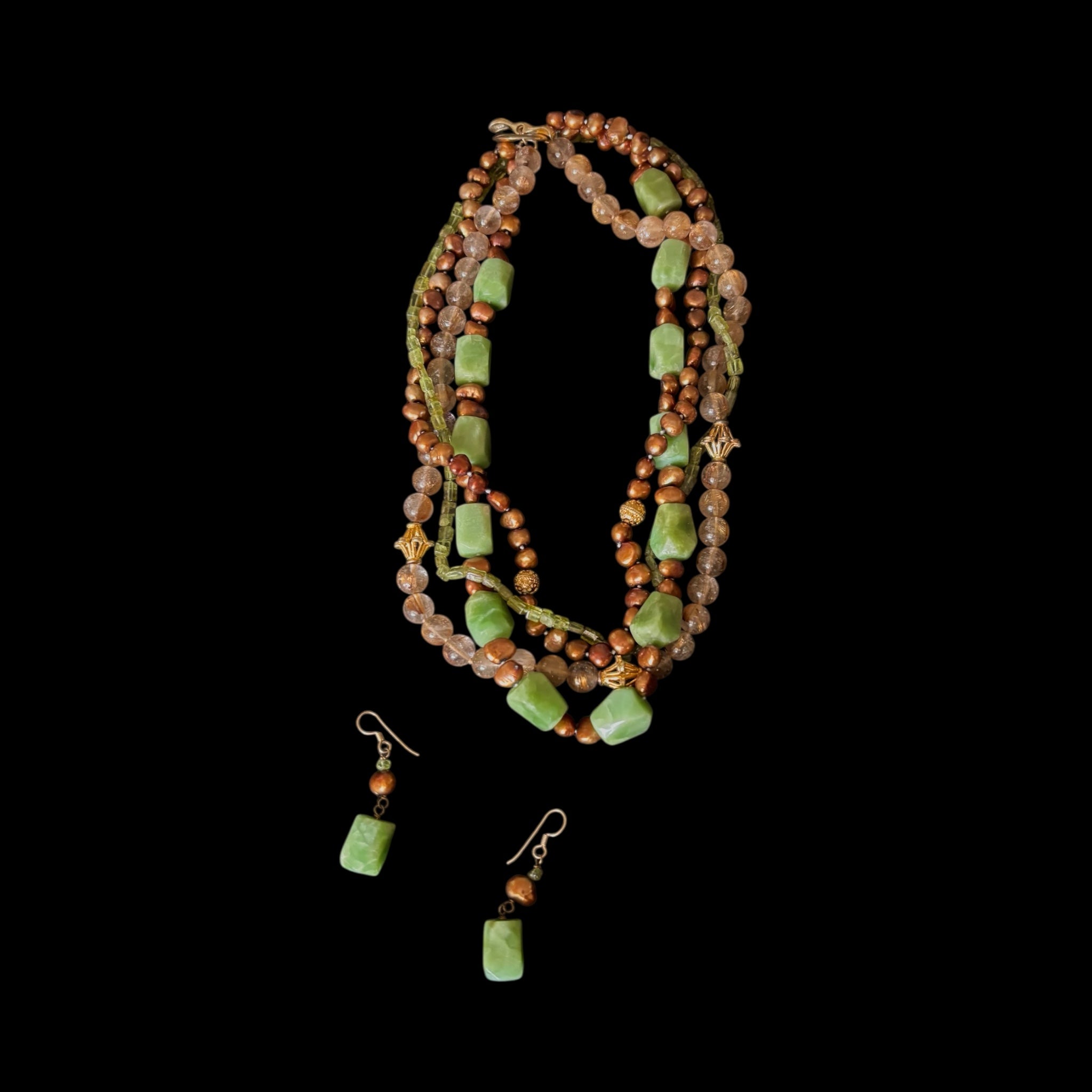 Elegant Necklace and Earrings Set - Green Stones and Gold Beads