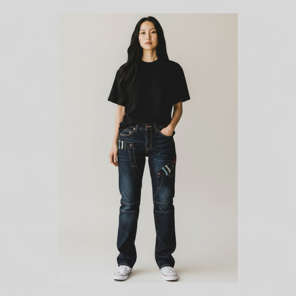 Dark Wash Denim Jeans with Contrast Stitching and Striped Detail