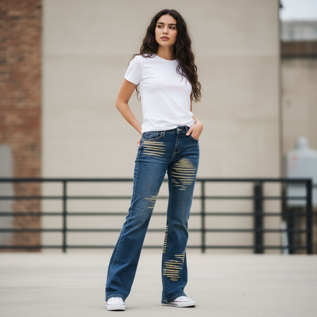 Hand Painted jeans with balck /white stripes embelished with sequins