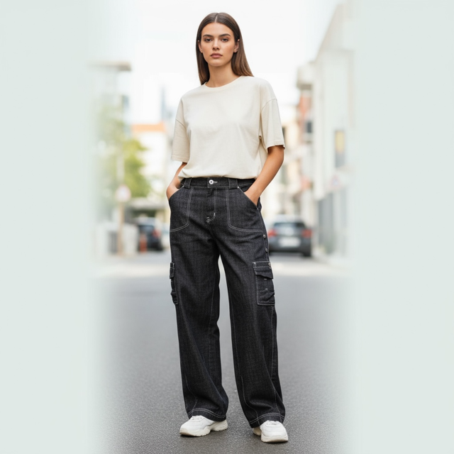 Women's Wide-Leg Cargo Jeans - Blue Denim with Utility Pockets