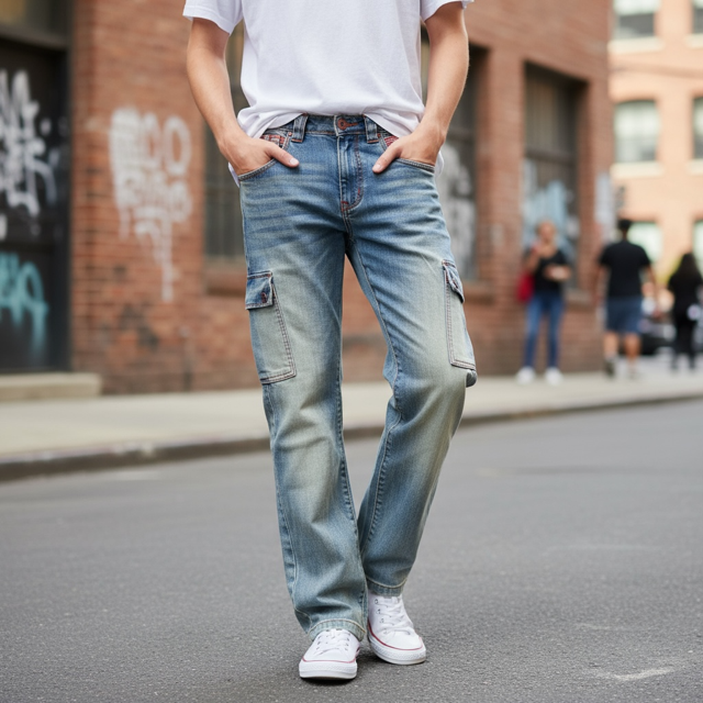 Women's Low-Rise Cargo Jeans with Contrast Stitching - Vintage Wash