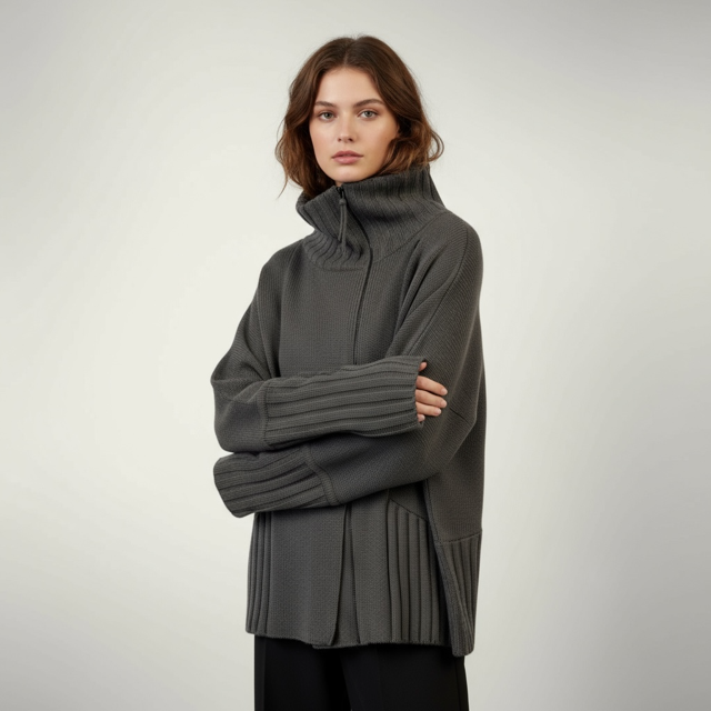 Women's Ribbed Funnel Neck Zip Cardigan – - Extravagance Fashion 