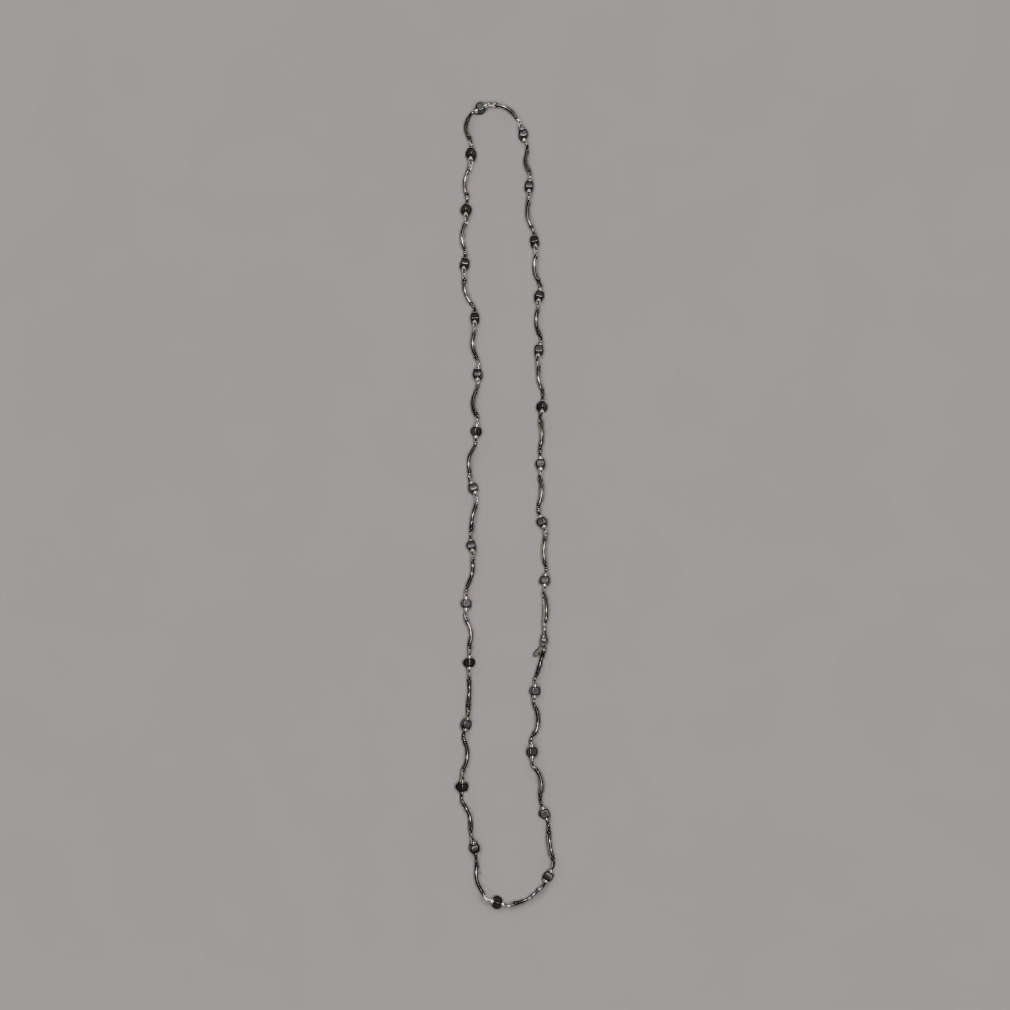Long Twisted Metal Chain with Black Beads - Elegant Statement Necklace