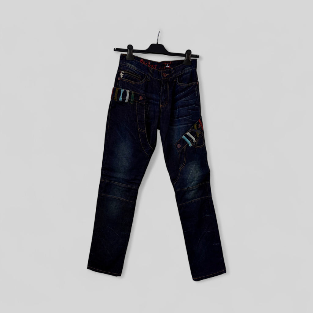 Dark Wash Denim Jeans with Contrast Stitching and Striped Detail - Extravagance Fashion 