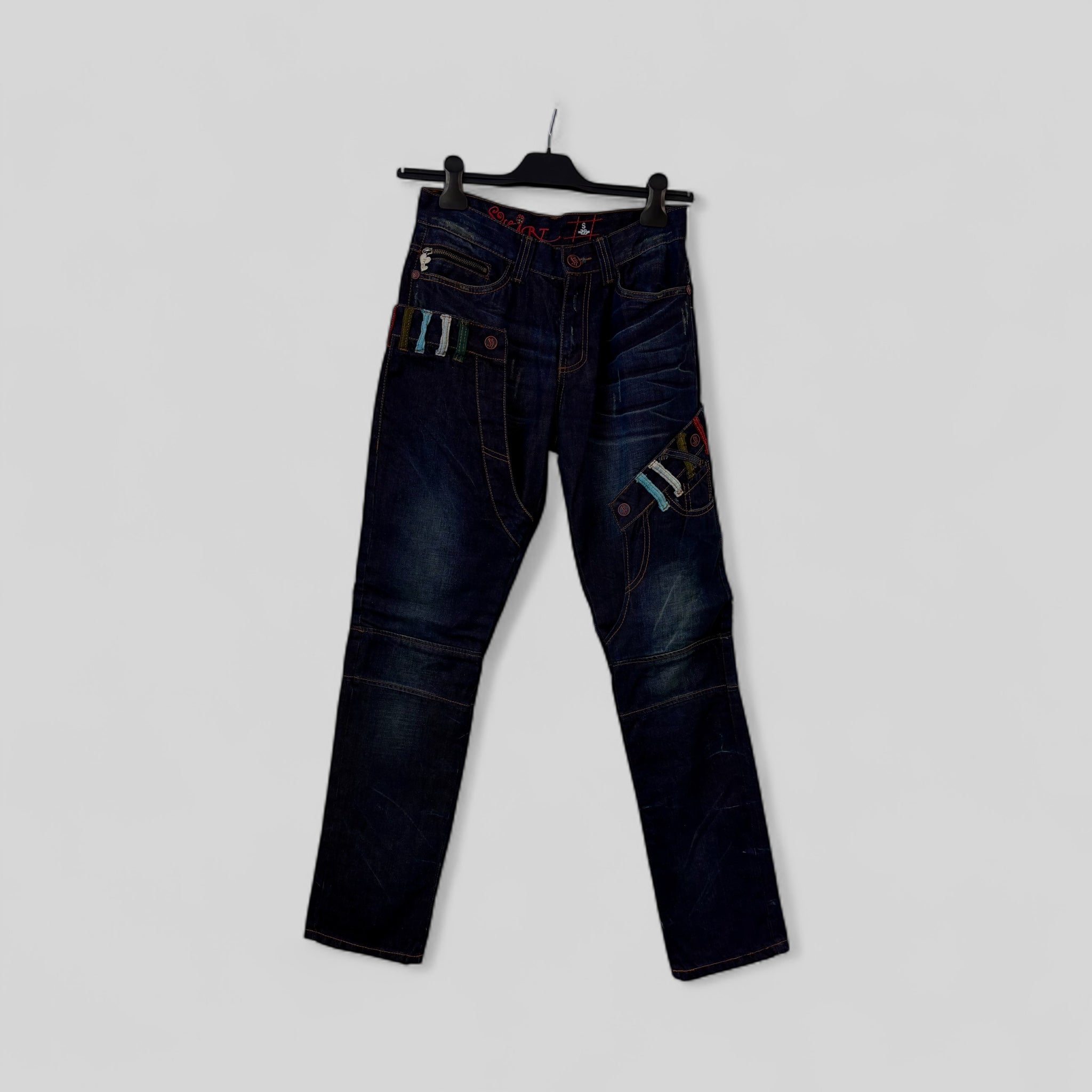 Dark Wash Denim Jeans with Contrast Stitching and Striped Detail - Extravagance Fashion 