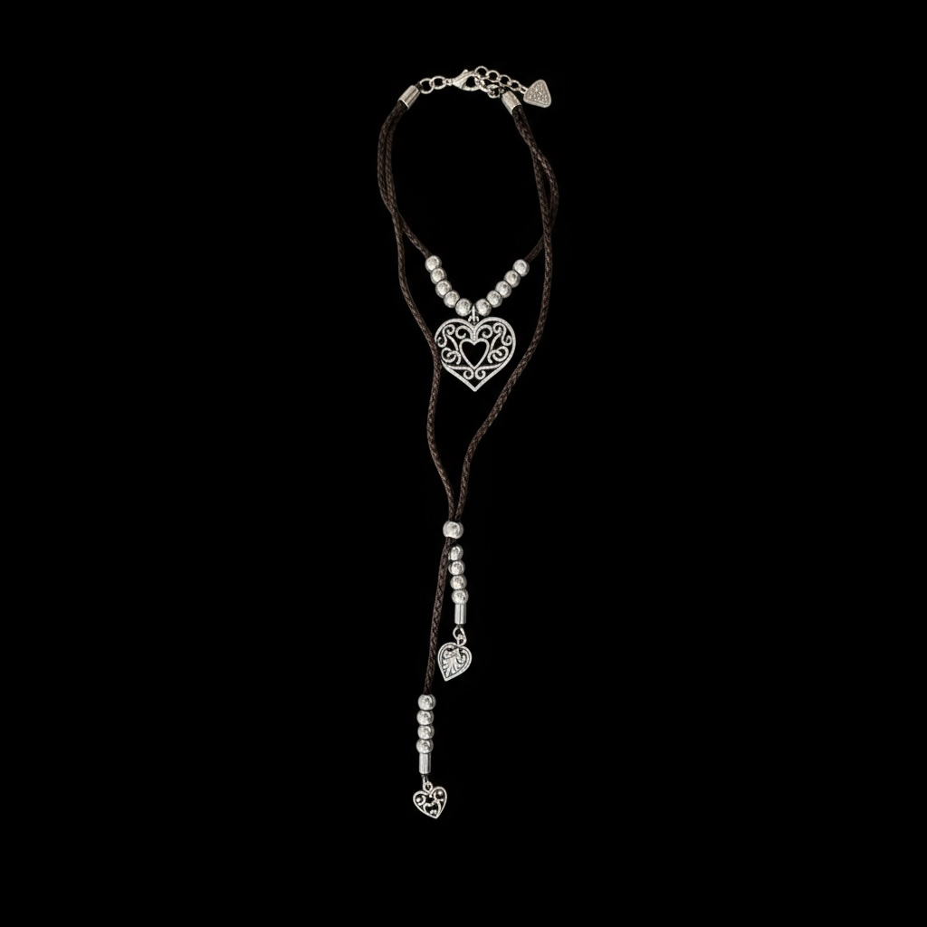 Two Layered Necklace with Rope Leather String and Heart Charm