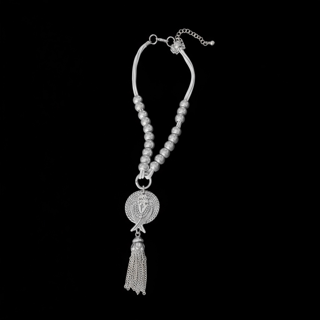 Silver Beaded Necklace with Charm and Tassels